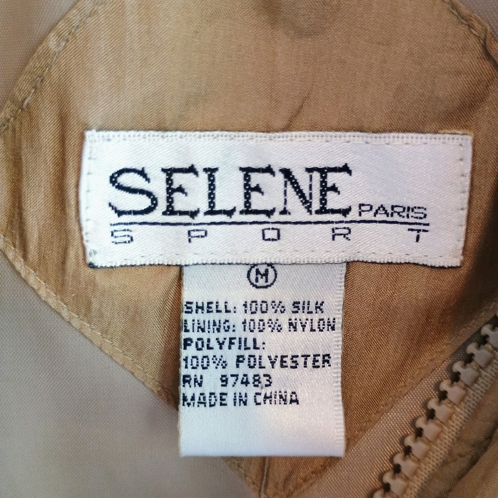 Selene Paris 100% Silk Tan/Olive Quilted Zippered Vest Women's Medium Vintage - Picture 6 of 8
